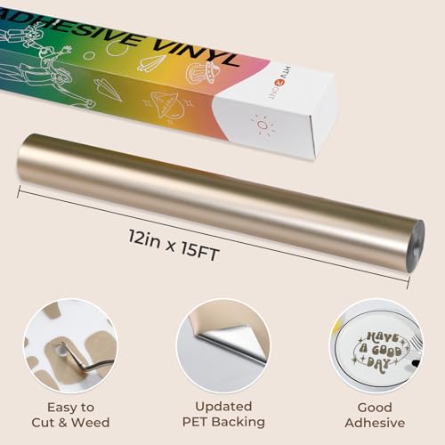 Image of HTVRONT Matte Champagne Gold Metallic Vinyl - 12 inch x 15FT Champagne Gold Permanent Adhesive Vinyl for All Cutting Machine - Easy to Cut & Weed