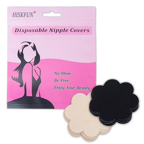 HISKFUN 40 Pieces Nipple Covers For Women Disposable No-Show Pasties Satin Breast Petals Stickers(Nude/Black)