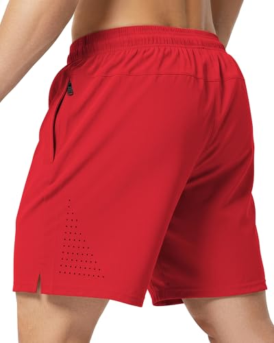 7 Inch 7in Men Swim Trunks mid-Thigh with Mesh no Compression Liner Quick Dry Drawstring Male Swimwear Swimsuit Swimtrunks Boardshort Bathing Suit Fair Beach Zipper Pocket Lined Inseam Harbor Red