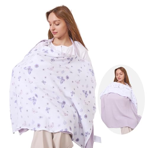 Image of Bimocosy Muslin Nursing Cover Double-Layer for Breastfeeding, Cotton Privacy Nursing Cover Breathable Cover Up with Arch Neckline for Nursing, Multi-use Breastfeeding Cover, Butterfly Violet