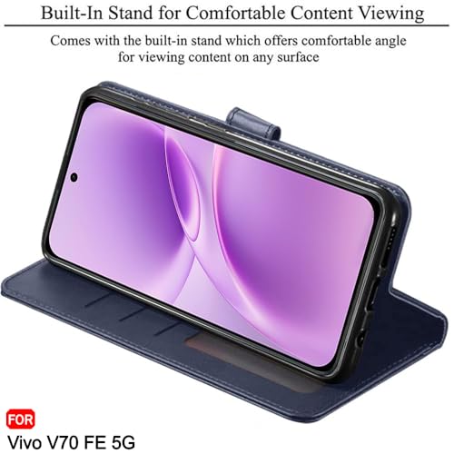 Image of TheGiftKart Genuine Leather Finish Flip Back Cover Case for Vivo V70 FE 5G | Inbuilt Pockets & Stand | Wallet Style | Designer Button Magnet Flip Back Cover Case (Faux Leather, Blue)