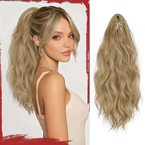 Sofeiyan Coleta Postiza Pelo Natural con Pinzas Cola de Caballo Extensiones Ondulado Coletas 41 cm Postizas Sintético Extensiones Pelo Natural para Mujeres,27/613A#