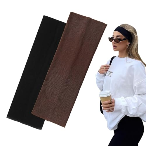 7cm Wide Black Headbands for Women Men 2pack Fashion Head Bands for Womens Hair Soft Fabric Stretchy Hair Bands for Makeup Yoga Running (Black/Brown 2.7 X 8.6 inches)