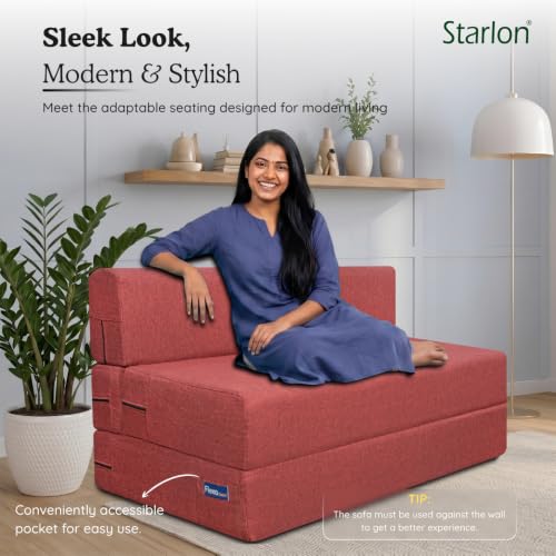 Image of Starlon 3 Seater Foldable Sofa Cum Bed 3-in-1 with 2 Geometrical Pattern Pillows, Washable Jute Fabric Cover, Space Saving Guest Bed, Pre-Assembled Royal Maroon 5x6 Ft