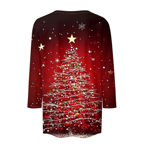 Image of Women Christmas Shirt 3 /4 Length Sleeve Henley Tops Xmas Outfits