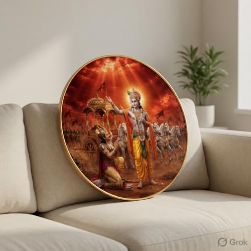 Image of SAF Bhagavad Gita Krishna Arjuna Wall Art with PVC Round Frame | Sparkle Laminated Mahabharat Kurukshetra Divine Painting | Spiritual Wall Decor for Home Temple Living Room Office Gift