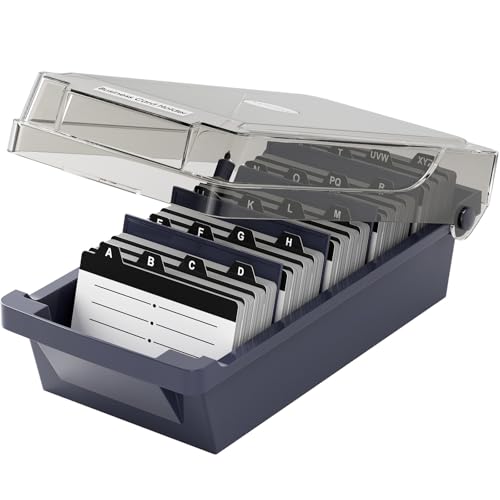 MaxGear Business Card Holder Desk, Large Plastic Business Card Organizer Box with Lid, Credit Cards Holder File Storage Case for Office & Home, Holds 500 3.5” x 2.2” Cards with A-Z Index Tabs, Gray