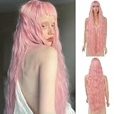 Civrie Long Wavy Wig with Bangs for Women,Wig Long Bangs Wig,Natural Looking Synthetic Heat Resistant Hair (Pink15, 40inch)