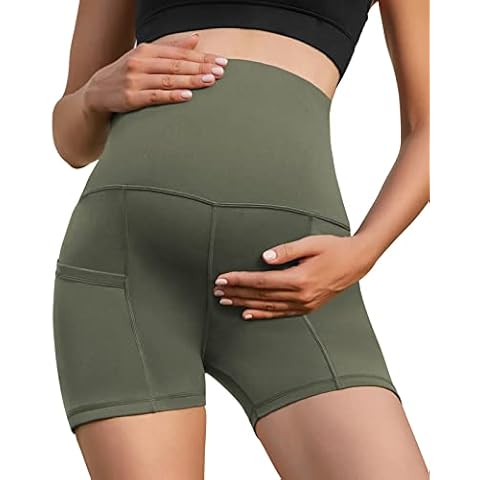 Xpenyo Women Maternity Yoga Shorts Pregnancy High Waisted Over Belly Workout Running Active Athletic Shorts Army Green, 2XL Cover