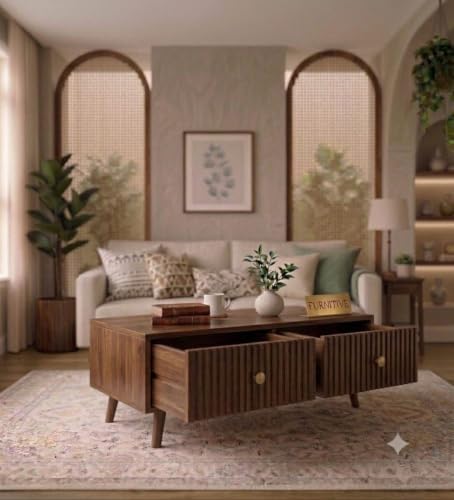 Image of Solid Sheesham Wood Coffee Table & Center Table for Living Room with Rattan Cane Lift-Down Shutter & Open Shelf, Solid Wooden Teapoy for Sofa with Storage | Tea Table (B-Walnut)