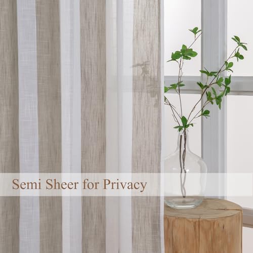 L.Z.E Short Curtains for Living Room Bedroom Windows Short Semi Sheer Curtains & Drapes 2 Panels Set Beige Taupe White Striped with Eyelet Linen Look 70 Inch Drop - Image 2