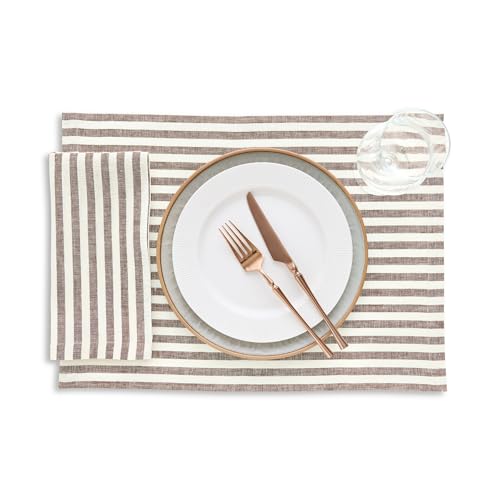 Image of Solino Home 100% Linen Napkins, 20 x 20 in, Brown, Amalfi Stripe, Set of 4