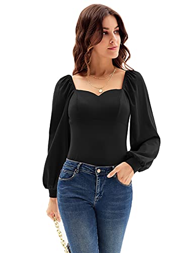 Women's Elegant Vintage Puff Long Sleeve Blouse Elastic Square Collar Tops Shirt Black L #TOP1