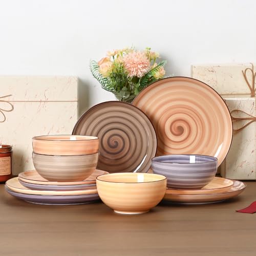 Image of Selamica Ceramic Plates and Bowls Sets,12 Pieces Dinnerware Sets for 4,Scratch Resistant Dish Set,Dishwasher & Microwave Safe, Maillard