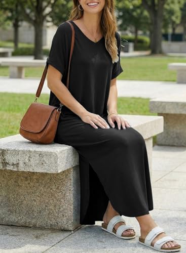 Image of Dokotoo Summer Dresses for Women 2026 Casual Maxi Dress V Neck Cap Sleeve Long Sundress with Pockets Beach Vacation
