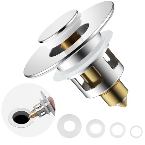 Image of Universal Metal Bathroom Sink Drain Stopper, 2-in-1 Pop Up, Chrome | Sink Strainer with Anti-Clogging Filter Basket Fit for Standard 1 inch-2.3 inch Basin Drain Holes, Anti-Clog
