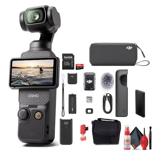 DJI Osmo Pocket 3 Creator Combo, 4K/120fps Video 3-Axis Stabilization, Handheld Vlogging Camera with Touchscreen Mic 2 (CP.OS.00000302.01) + P-Bank + 64GB Memory Card + Camera Bag + More