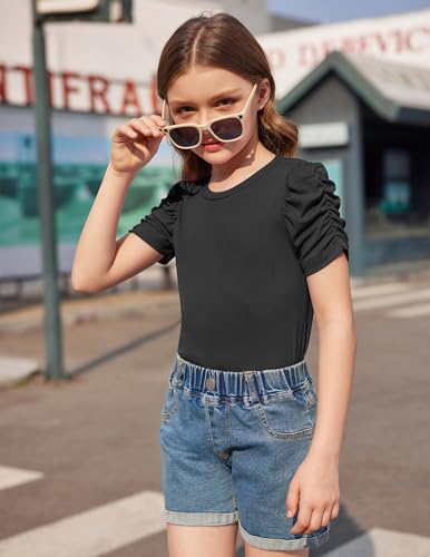 Arshiner Girls Puff Short Sleeve Shirts Summer Ribbed Knit Crewneck T Shirt Tops Tee Blouse3