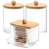 AXX Qtip Spender Apothekergläser Badezimmer – Qtip Halter Aufbewahrungsbehälter transparentes Kunststoffglas für Wattestäbchen, Q-Tips, Baumwoll-Runde (D#Bamboo 3 Stück)