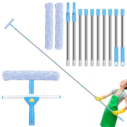 3 m Fensterreiniger-Werkzeug-Set mit langem Griff, 35 cm Fensterwaschabzieher und 38 cm Schrubber, Reinigungsgerät für hohe Fenster, Duschglas, Auto, Wohnmobil (blau)