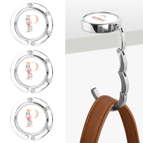 Iqimott 3pcs Personalized Initial Foldable Purse Hook for Table, Flower Letter Folding Handbag Hanger Portable Magnet Table Hook Holder, Collection Desk Purse Hooks for Women Bag (Pink-P)