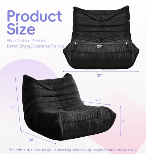 Image of Hobestluk Medium Bean Bag Chair Faux Fur Fabric BeanBag Couch for Playroom | Black Plush,Ergonomic Design,Memory Foam,Strong Supportive,No Assembly Required,Decorative Style for Living Room Bedroom