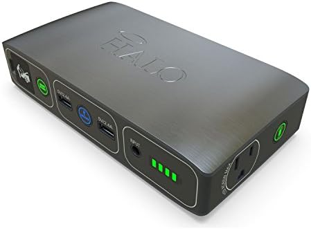 HALO Bolt 58830 ACDC Portable Car Battery Jump Starter | 58.8Wh USB Power Bank with AC Outlet, Emergency Floodlight & Charger, Jumps Cars SUVs & Trucks, Powers Phones & Laptops, TSA Approved — Gray