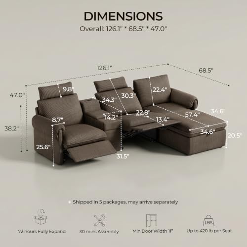 Image of CHIC HOUSE 126 inch 3-Seat Power Reclining Sectional Sofa with Ottoman, Brown