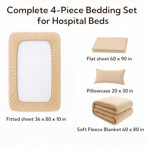 Image of Care Bed Sheets Set 4 Pcs - 36 inchx80 inch Fitted Sheet, Flat Sheet, Pillowcase & Blanket - Twin XL Hospital Style Sheets for Home or Adjustable Beds(Khaki)