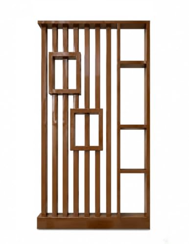 Image of Modern Wooden Room Divider with Storage Shelves | Partition for Living Room & Entryway | Decorative Display Rack with Vertical Slats ((72 x 48 x 6 Brown))