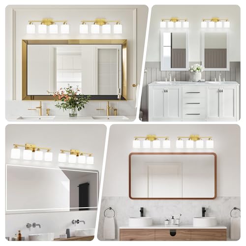 Image of 4 Light Gold Light Fixture Bathroom, Brushed Gold Vanity Light with Milky White Frosted Glass Shades, Lights for Bathroom Mirror for Living Room Bedroom Hallway E26 Base