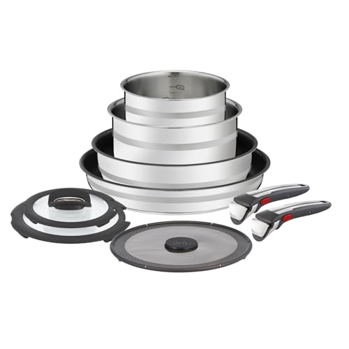 Jamie Oliver by Tefal Ingenio 9-teiliges Topf und Pfannenset abnehmbarer Griff, stapelbar, platzsparend, Topfset Induktion mit Antihaftversiegelung, einfache Handhabung und Reinigung, L97699
