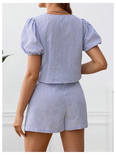 Image of MakeMeChic Women's Maternity 2 Piece Short Set Summer Striped V Neck Tie Puff Sleeve Shirt and Shorts Pajama Sets