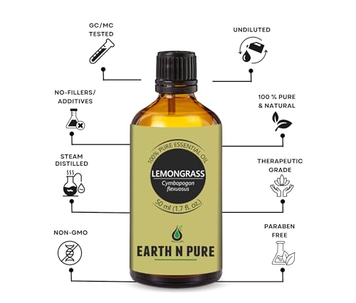 Image of Earth N Pure Lemongrass Essential Oil - Steam Distilled for Fresh Aroma, Focus & Relaxation - 100% Pure & Undiluted | 50ml