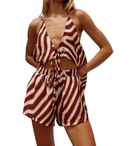 Image of ROAONOCOMO Women Tie Front Shorts Set V Neck Halter Cami Top Y2K 2 Piece Pj Set Graphic Summer Beach Lounge Outfit