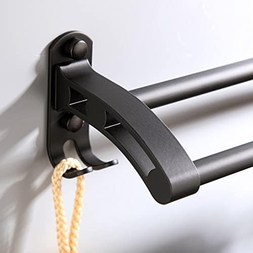 Double Towel Rail Wall Mounted, 60cm Bathroom Towel Holder Bar with Hooks, Matte Black Bathroom Accessories, Aluminium Alloy
