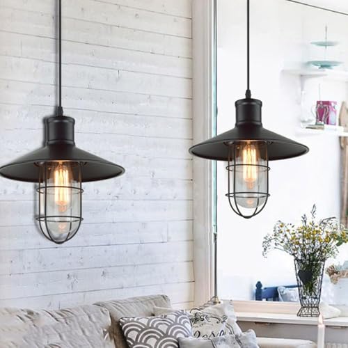 Lampe suspendue en verre et fer noir avec cage géométrique rétro E27 - 7