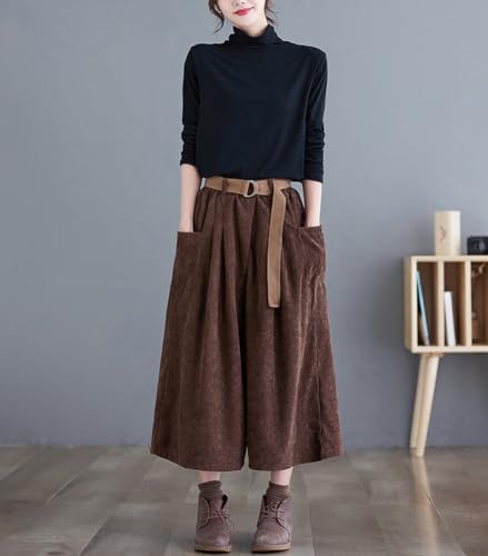 chouyatou Women's High Elastic Waisted Wide Leg Cropped Corduroy Capri Pants Culottes with Belt4