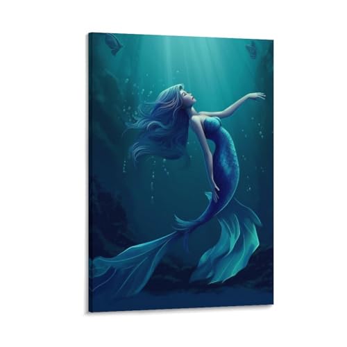 Toile murale sirène bleue avec cadre bois déco chambre 50x75 cm