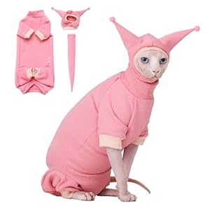 Sphynx Cat Clothes Waffle Pattern Suit, Cute Pet Hat and Shirt Set, Hairless Cat Devon Cornish Pink and Black Suit, (Large, Pink)