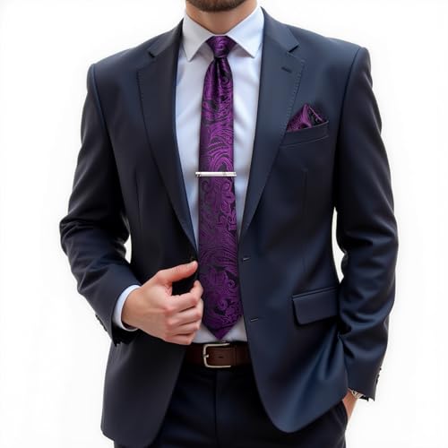Image of DiBanGu Paisley Ties for Men Silk Necktie and Pocket Square Cufflinks Tie Clip Set Woven Classic Mens Tie for Wedding Party