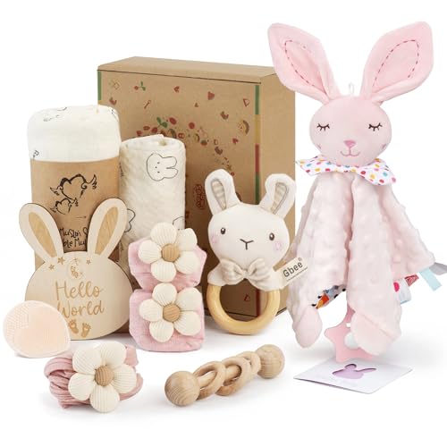 Baby Girl Gift Set for Baby Shower - 10 Piece Newborn Present Box with Muslin Swaddle Blanket Rabbit Security Blanket Wooden Rattles Flower Headband Socks Card and Brush for Baby Girl Shower