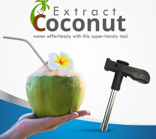 Image of Stainless Steel Coconut Opener Tool with Comfortable Grip Handle, Tender Coconut Opener Set with 2 Bent Straws, 2 Straight Straws and 1 Cleaning Brush (Pack of 1)
