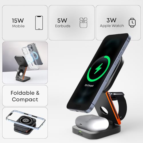 Image of pTron Volta Pro 3-in-1 23W Wireless Charger, Magnetic Charging, Foldable Stand Compatible with iPhone 16 /15 /14 /13 /12 Series, Apple Watch, Airpods & Other Magnetic Charging Supported Smartphones(Black)