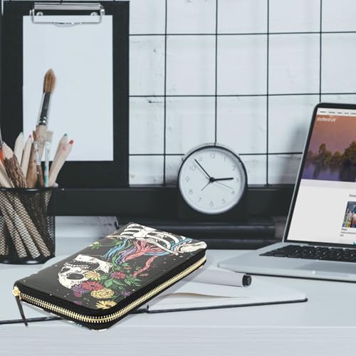 MNSRUU Womens Wallet Purses, Gothic Skull Skeleton Holding Flowers Clutch Purses for Women RFID Blocking Credit Card Holder Wallet Leather Zipper Coin Purse2