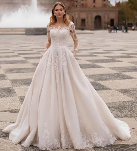 A Line Tulle Sleeves Weeding Dress for Women, Lace Appliques Long Bride Gowns with Pocket4