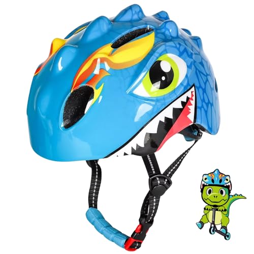 DINOX! - Casco Infantil Exclusivo diseño de Dinosaurio. Ajustable para niños de 3 a 8 años (51-54 cm). Certificado CE y CPSC. Interior Desmontable y Lavable (Azul)