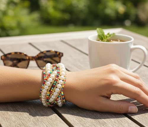 Image of Touchstone Indian Colorful Bead Bracelet Bollywood Beaten Metal Beads Openable Broad Cuff Bracelet in Gold or White Tone for Women.