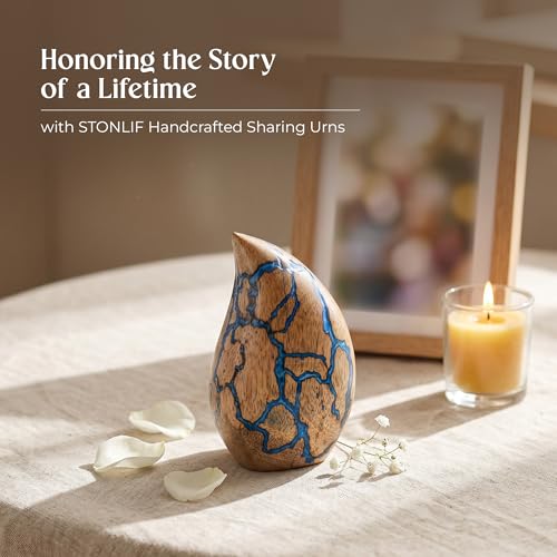 Image of Wooden Teardrop Cremation Urns for Human Ashes - 3 Cubic Inches Funeral Memorial Urn for Women & Men - Blue Decorative Keepsake Burial Urn for Male or Female Memorial Display