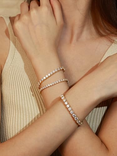 Moissanite Tennis Bracelet Yellow Gold Plated Fine Jewelry D Color VVS1 Round Brilliant Lab-Grown Moissanite Wedding bridal prom Birthday Valentines Gift for Women Girls, Width 3/4/5 mm3